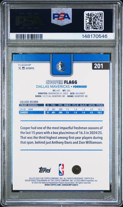Graded 2025 Topps Cooper Flagg #201 Rookie RC Basketball Card PSA 10 Gem Mint