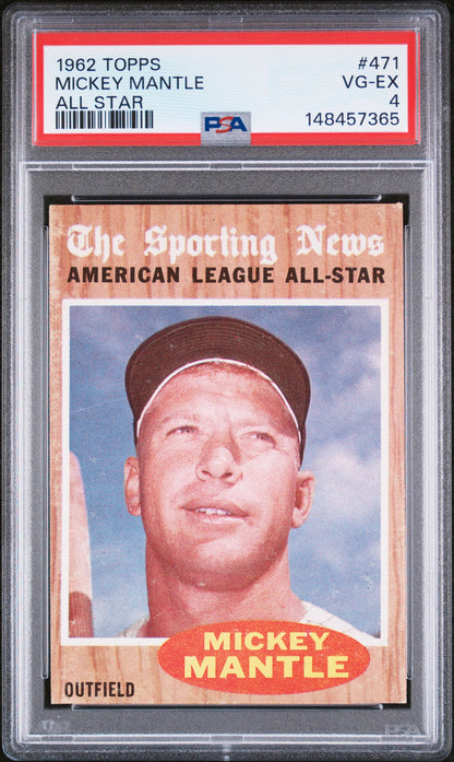 Graded 1962 Topps All Star Mickey Mantle #471 Baseball Card PSA 4 VG-EX