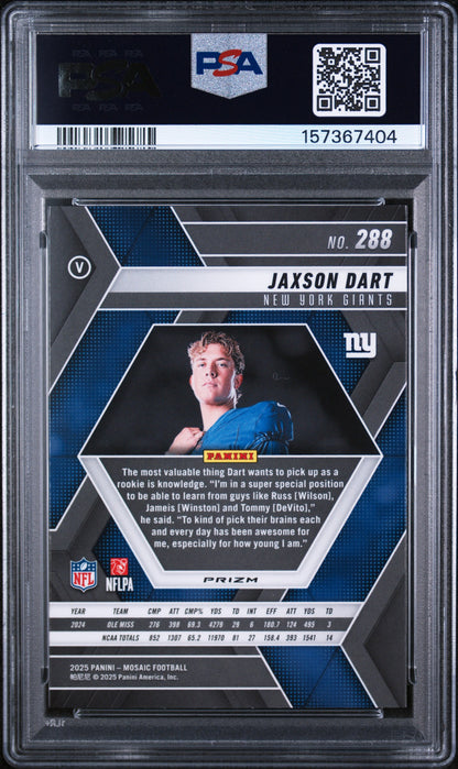 Graded 2025 Panini Mosaic Jaxson Dart #288 Green Rookie RC Football Card PSA 10 Gem Mint