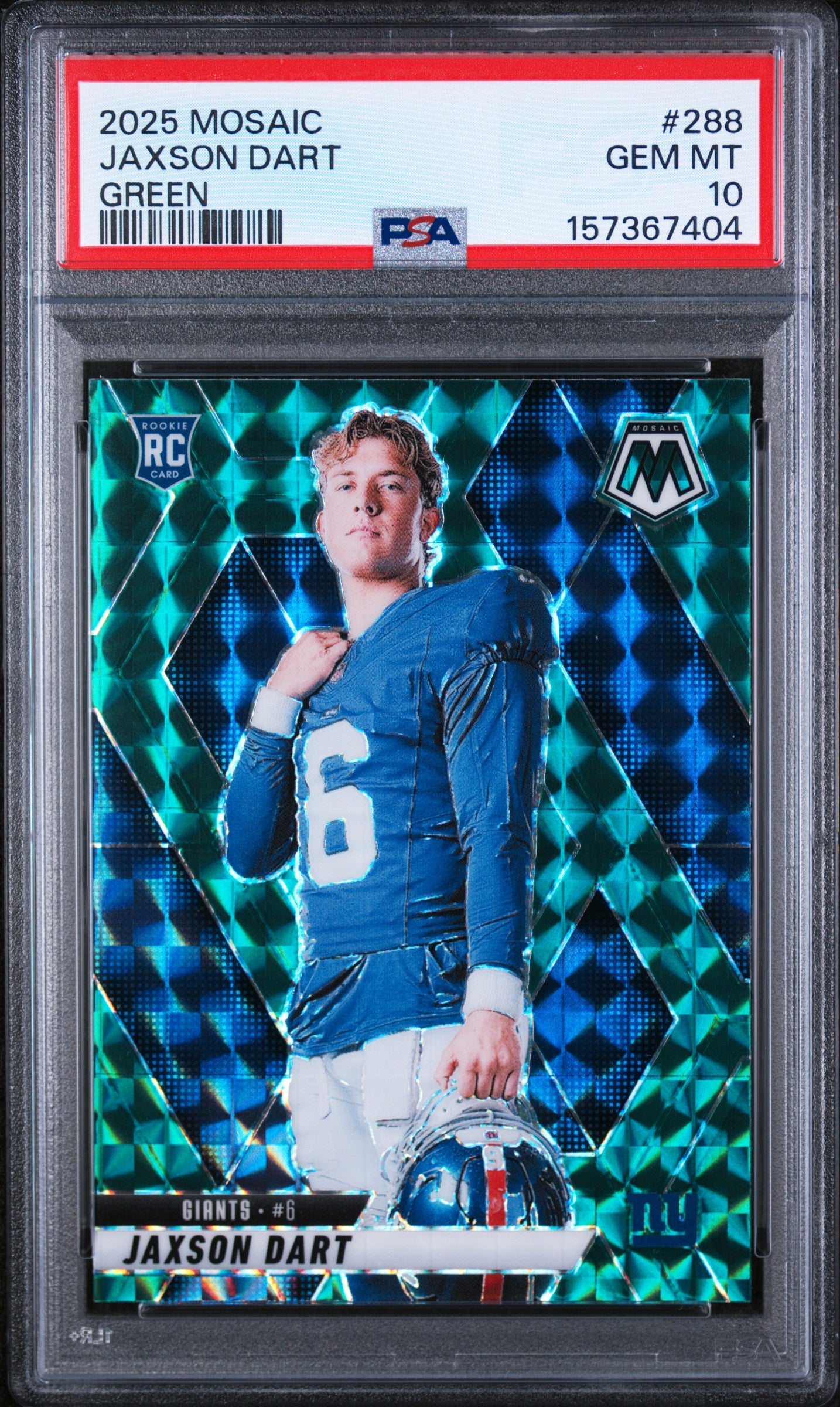Graded 2025 Panini Mosaic Jaxson Dart #288 Green Rookie RC Football Card PSA 10 Gem Mint