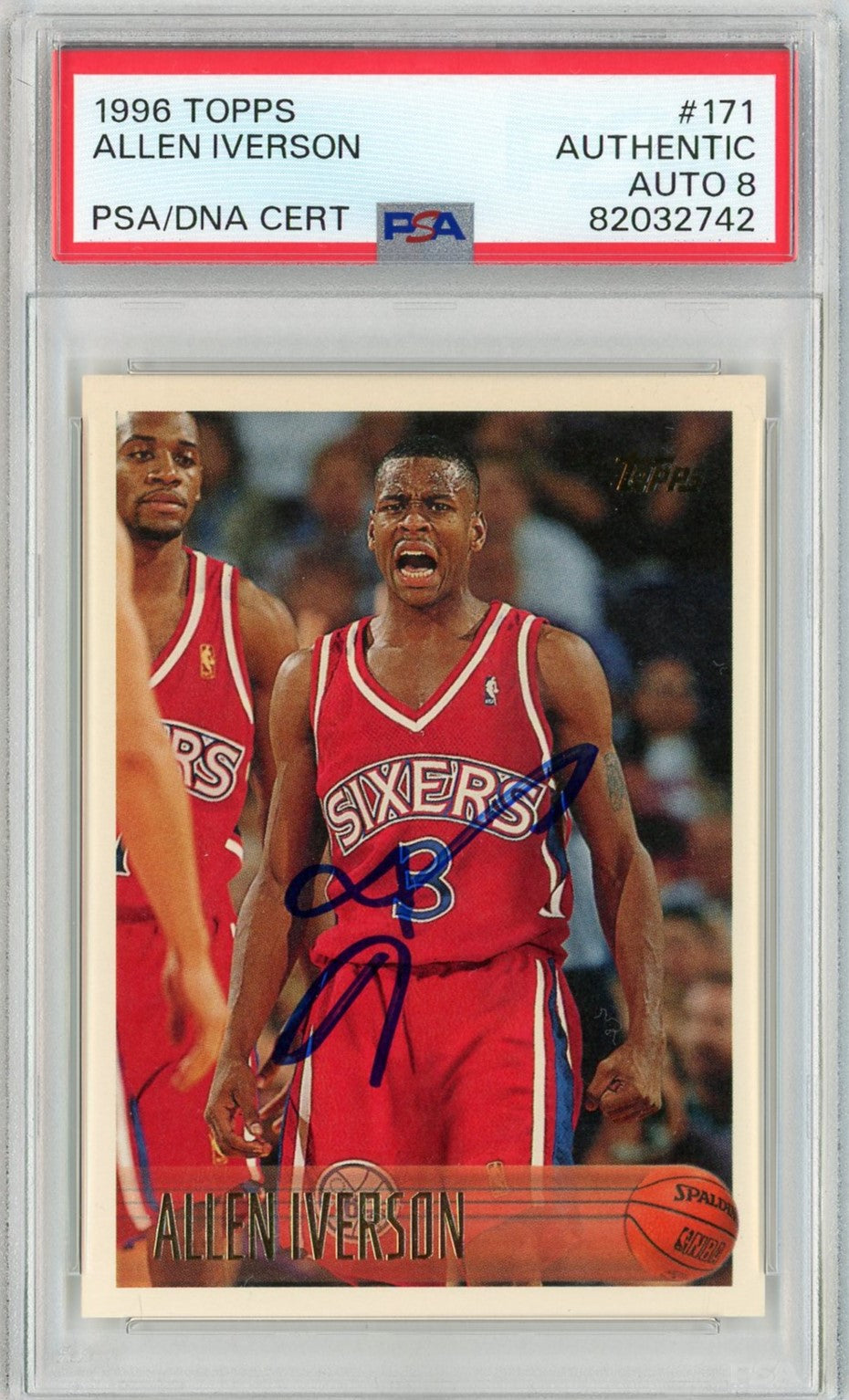 Graded 1996 Topps Allen Iverson #171 Rookie RC Basketball Card PSA 8 Auto Grade Near Mint