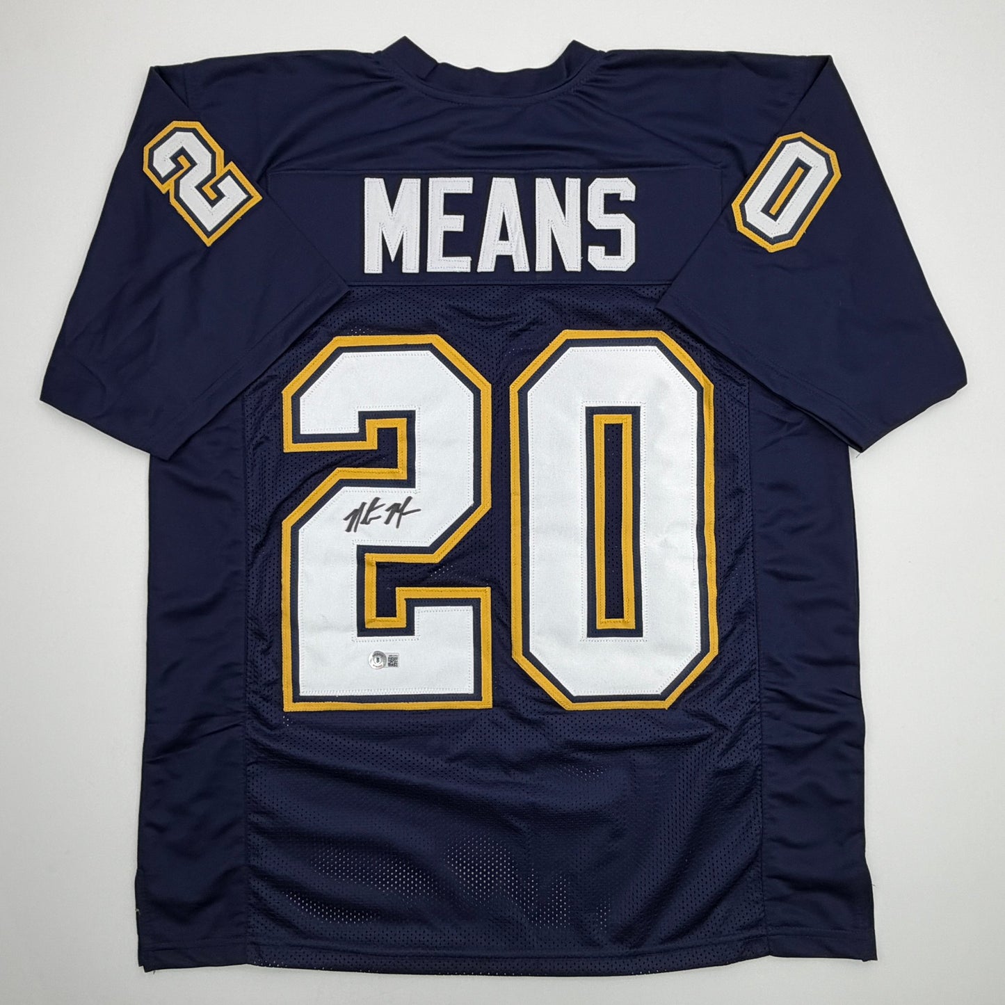 Autographed/Signed Natrone Means Los Angeles San Diego Navy Blue Football Jersey Beckett BAS COA