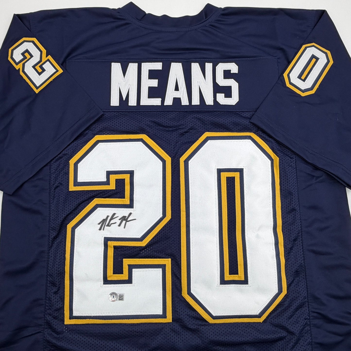 Autographed/Signed Natrone Means Los Angeles San Diego Navy Blue Football Jersey Beckett BAS COA