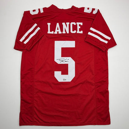 Autographed/Signed Trey Lance San Francisco Red Football Jersey Beckett BAS COA