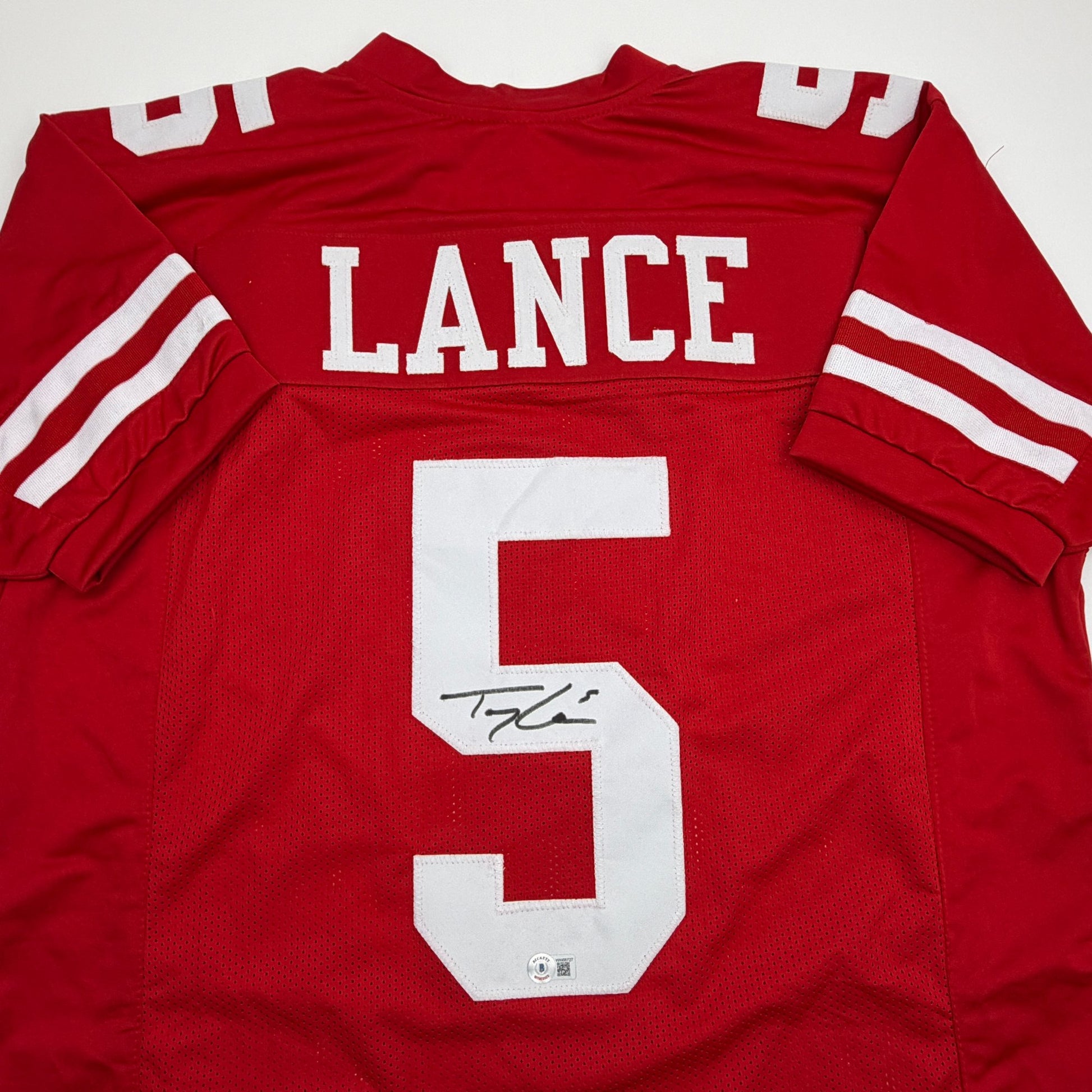Autographed/Signed Trey Lance San Francisco Red Football Jersey Beckett BAS COA