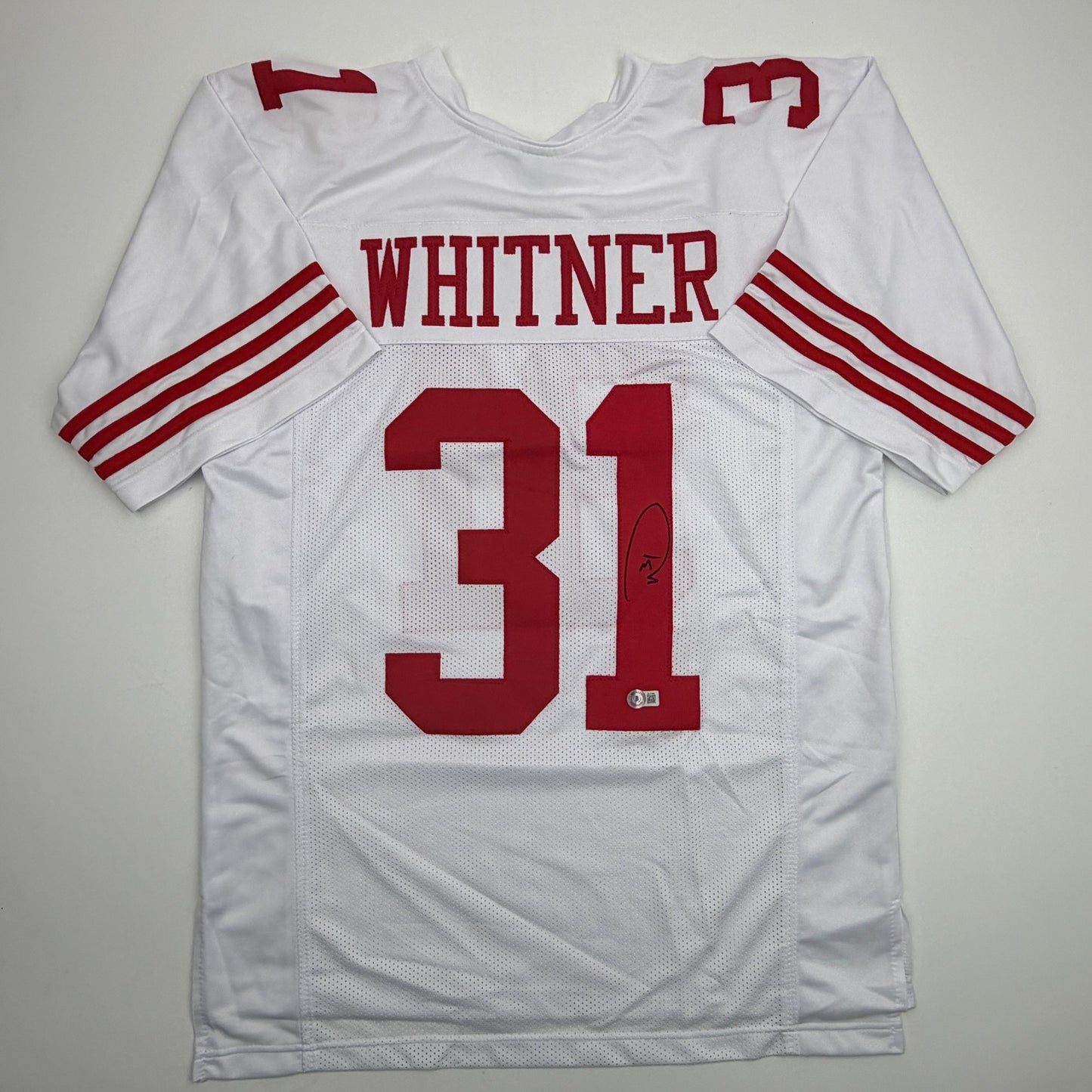 Autographed/Signed Donte Whitner San Francisco White Football Jersey Beckett BAS COA