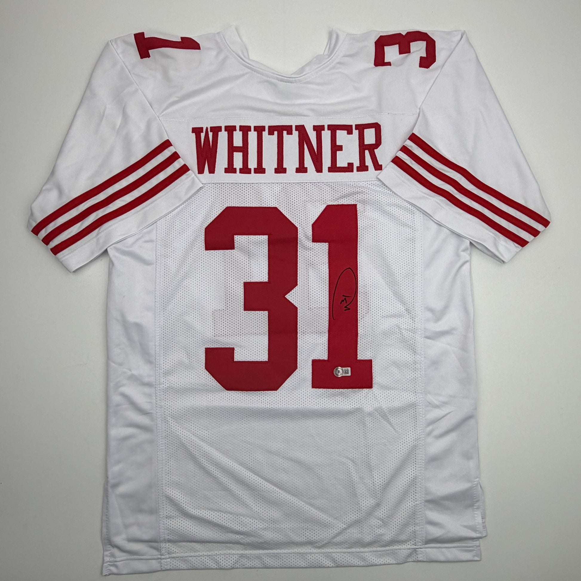 Autographed/Signed Donte Whitner San Francisco White Football Jersey Beckett BAS COA