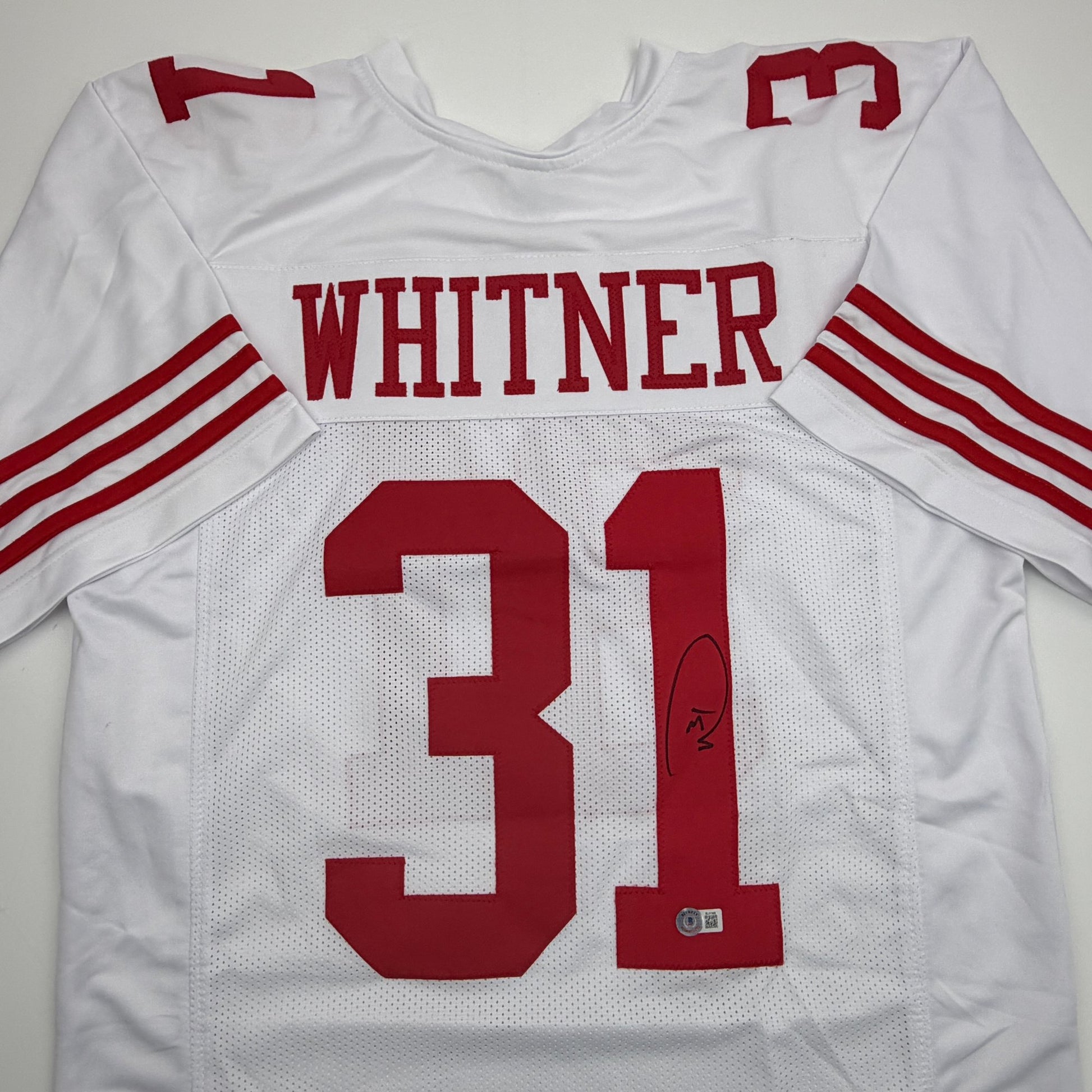 Autographed/Signed Donte Whitner San Francisco White Football Jersey Beckett BAS COA