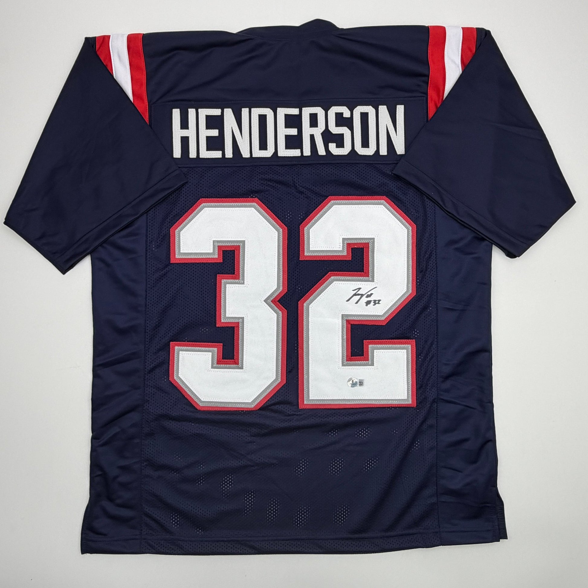 Autographed/Signed TreVeyon Henderson New England Blue Football Jersey Beckett BAS COA