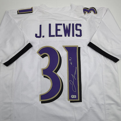 Autographed/Signed Jamal Lewis Baltimore White Football Jersey Beckett BAS COA