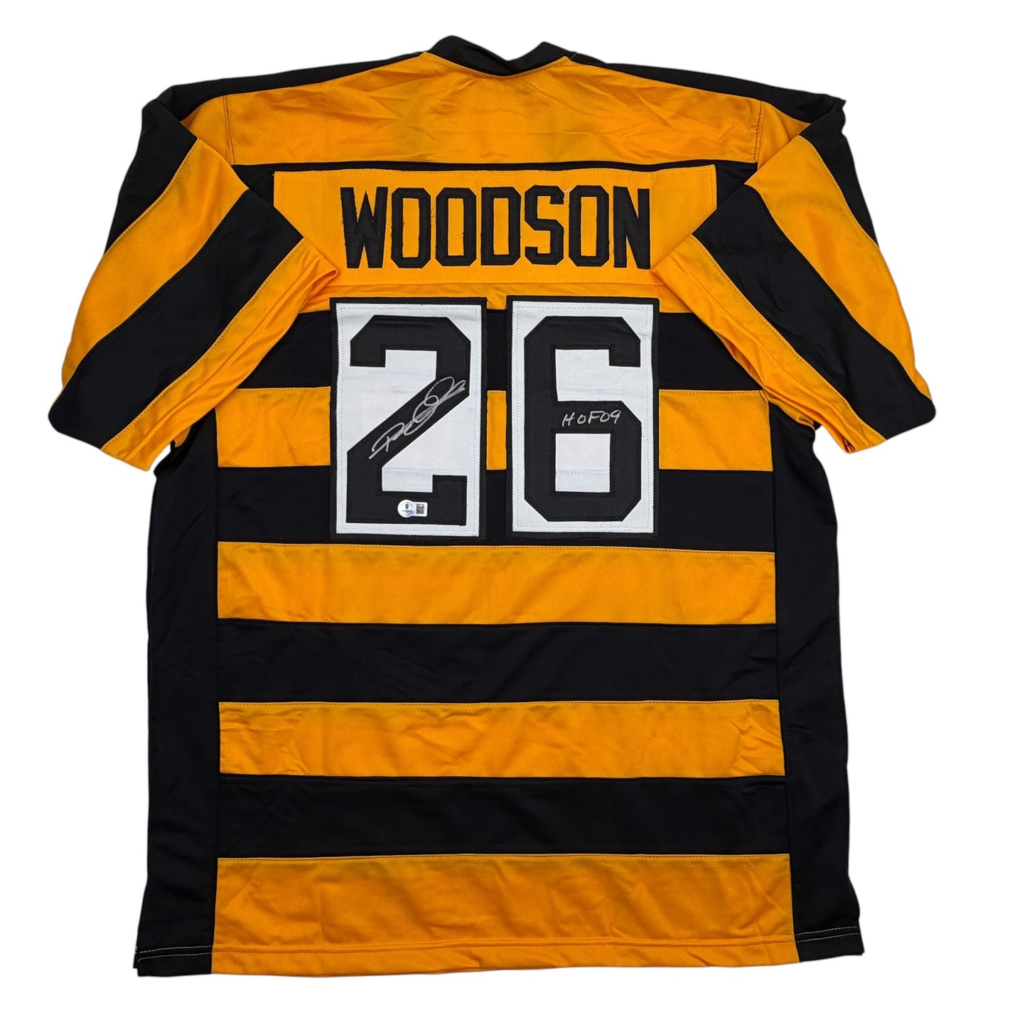 Autographed/Signed Rod Woodson HOF 09 Pittsburgh Bumbe Bee Football Jersey Beckett BAS COA