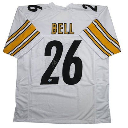 Autographed/Signed Le'Veon LeVeon Bell Pittsburgh White Football Jersey Beckett BAS COA
