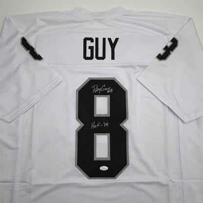 Autographed/Signed Ray Guy HOF 14 Oakland Las Vegas White Football Jersey JSA COA