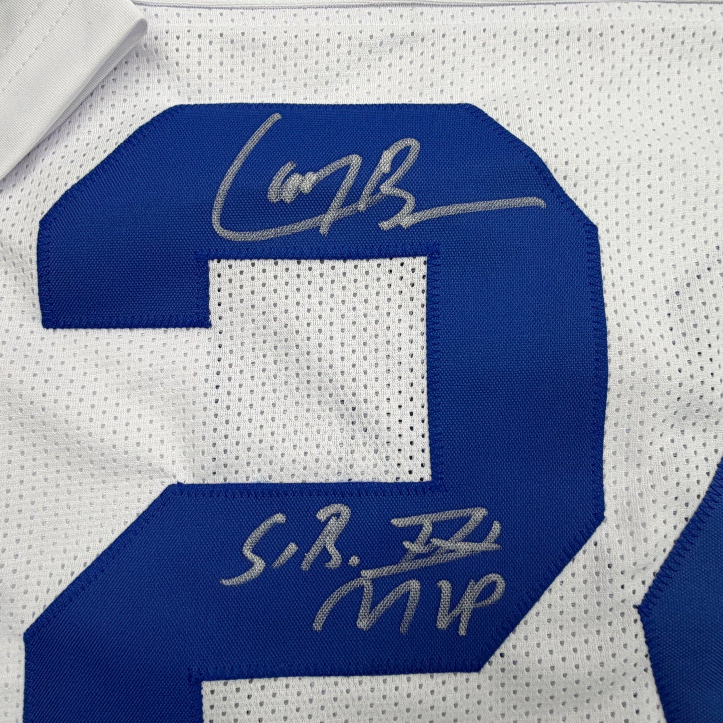 Autographed/Signed Larry Brown SB MVP Dallas White Football Jersey JSA COA
