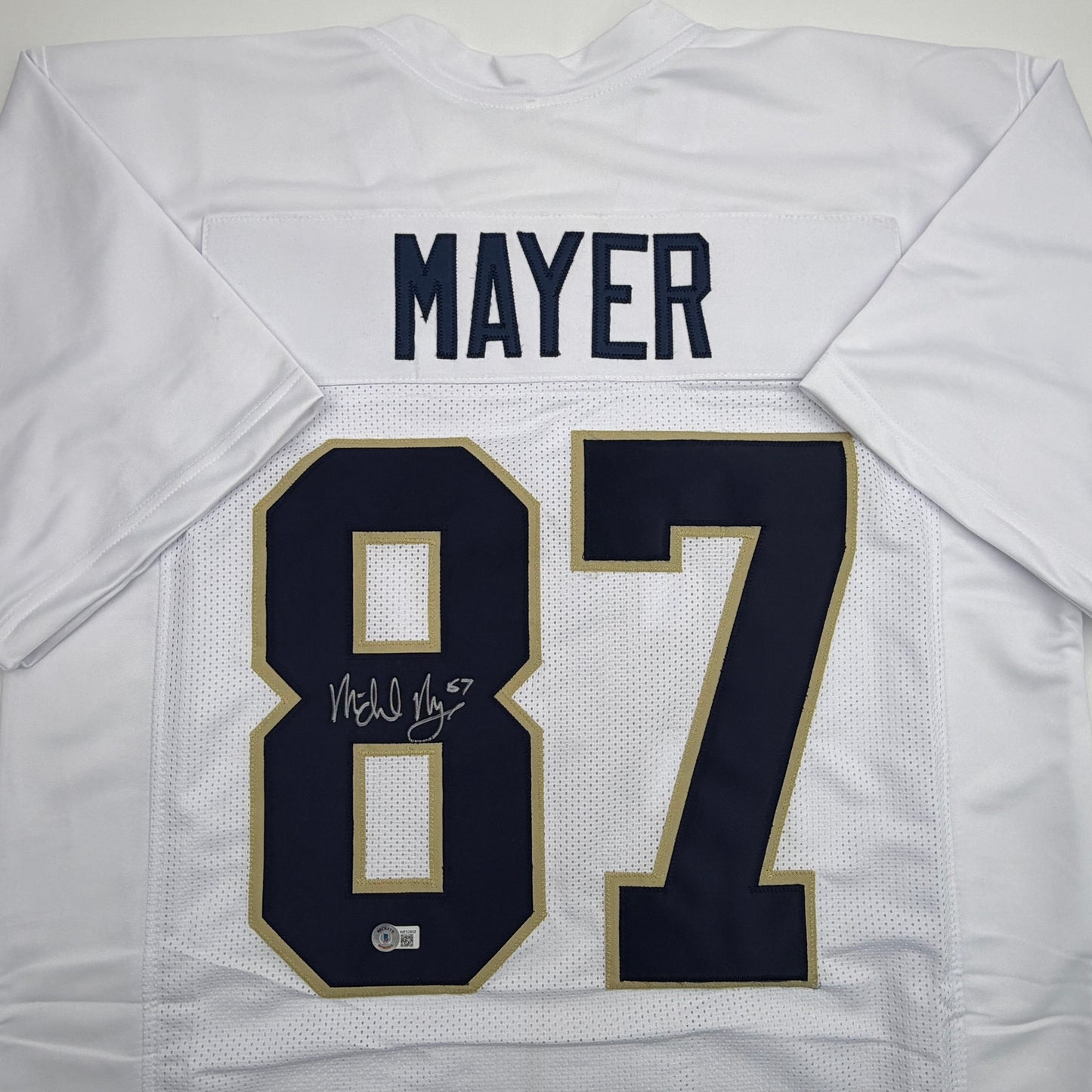 Autographed/Signed Michael Mayer Notre Dame White College Football Jersey Beckett BAS COA