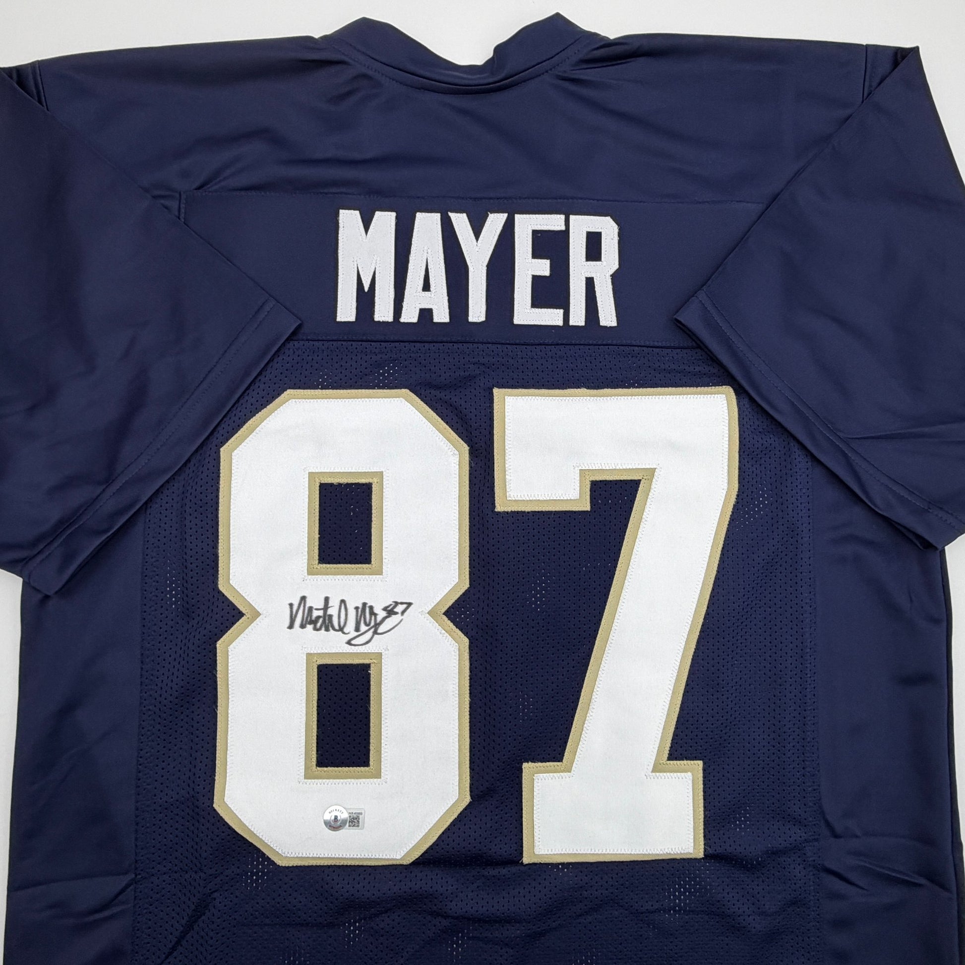 Autographed/Signed Michael Mayer Notre Dame Blue College Football Jersey Beckett BAS COA
