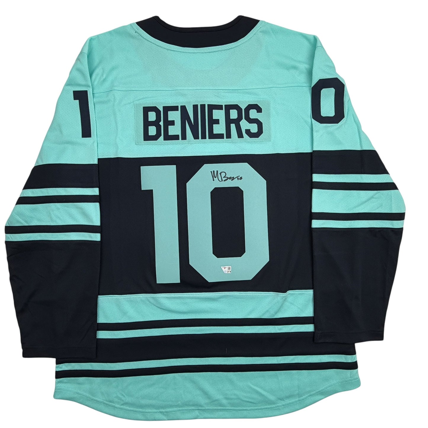 Autographed/Signed Matty Beniers Seattle Kraken Blue Authentic Hockey Jersey Fanatics COA
