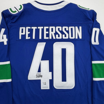 Autographed/Signed Elias Pettersson Vancouver Canucks Blue Authentic Hockey Jersey Fanatics COA