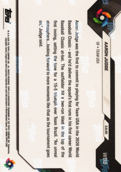 2026 Topps Now World Baseball Classic Aaron Judge #WB8 Gold Foil /50 Slugs HR in 1st World Baseball Classic At-Bat Team USA Baseball Card
