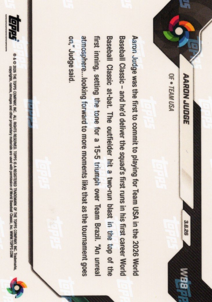 2026 Topps Now World Baseball Classic Aaron Judge #WB8 Black Foil /10 Slugs HR in 1st World Baseball Classic At-Bat Team USA Baseball Card