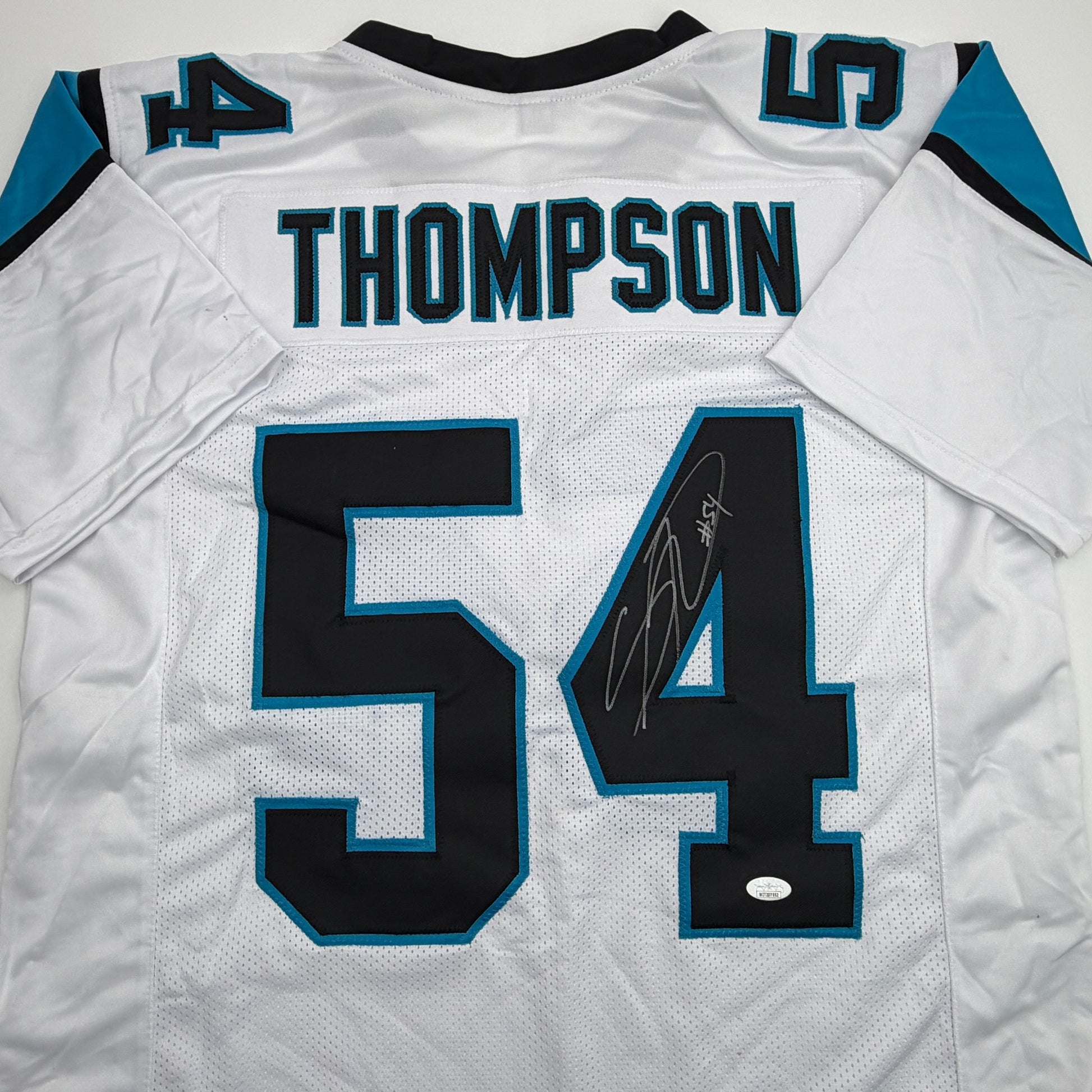 Autographed/Signed Shaq Thompson Carolina White Football Jersey JSA COA