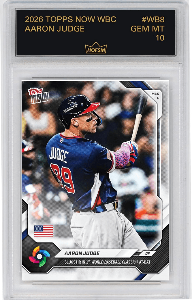 Graded 2026 Topps Now World Baseball Classic Aaron Judge #WB8 Slugs Home Run in 1st World Baseball Classic At Bat Team USA Baseball Card HOFSM 10 Gem Mint