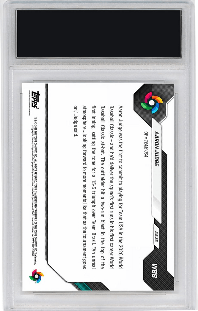 Graded 2026 Topps Now World Baseball Classic Aaron Judge #WB8 Slugs Home Run in 1st World Baseball Classic At Bat Team USA Baseball Card HOFSM 10 Gem Mint
