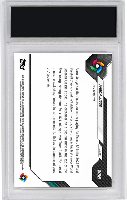 Graded 2026 Topps Now World Baseball Classic Aaron Judge #WB8 Slugs Home Run in 1st World Baseball Classic At Bat Team USA Baseball Card HOFSM 10 Gem Mint