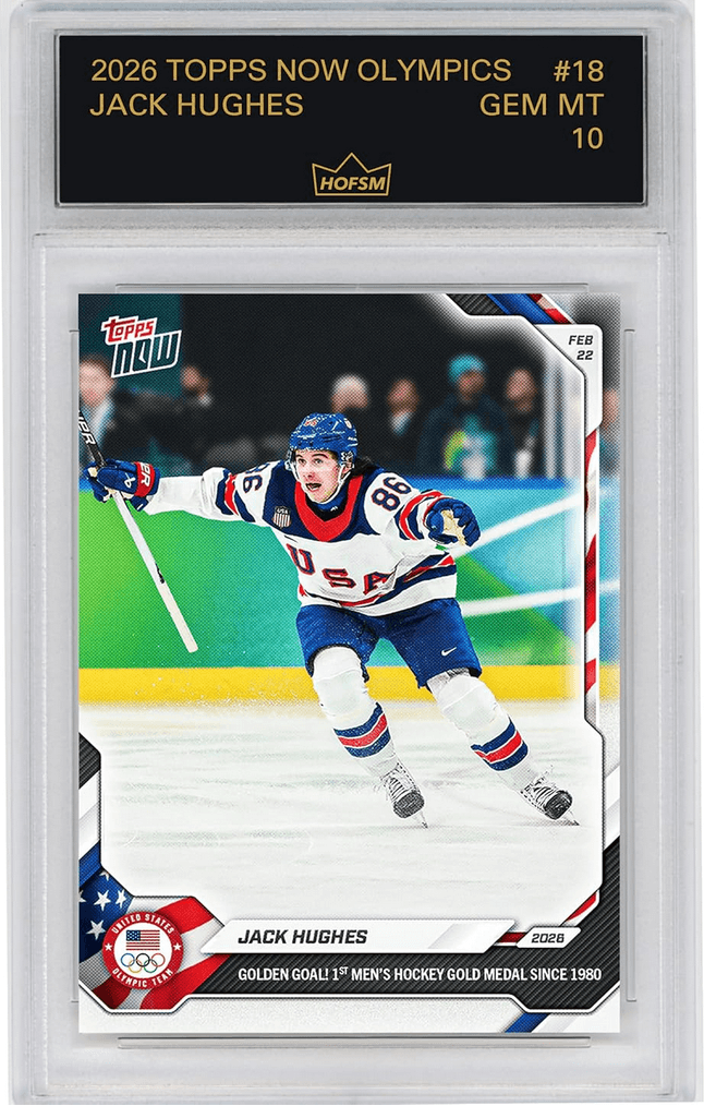 Graded 2026 Topps Now Olympics Jack Hughes #18 Golden Goal! 1st Men's Hockey Gold Medal Since 1980 Team USA Hockey Card HOFSM 10 Gem Mint