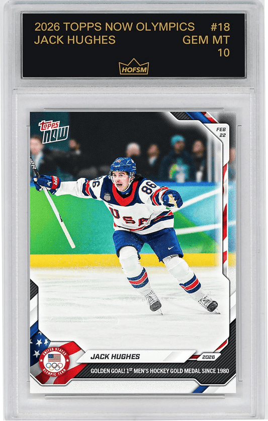 Graded 2026 Topps Now Olympics Jack Hughes #18 Golden Goal! 1st Men's Hockey Gold Medal Since 1980 Team USA Hockey Card HOFSM 10 Gem Mint