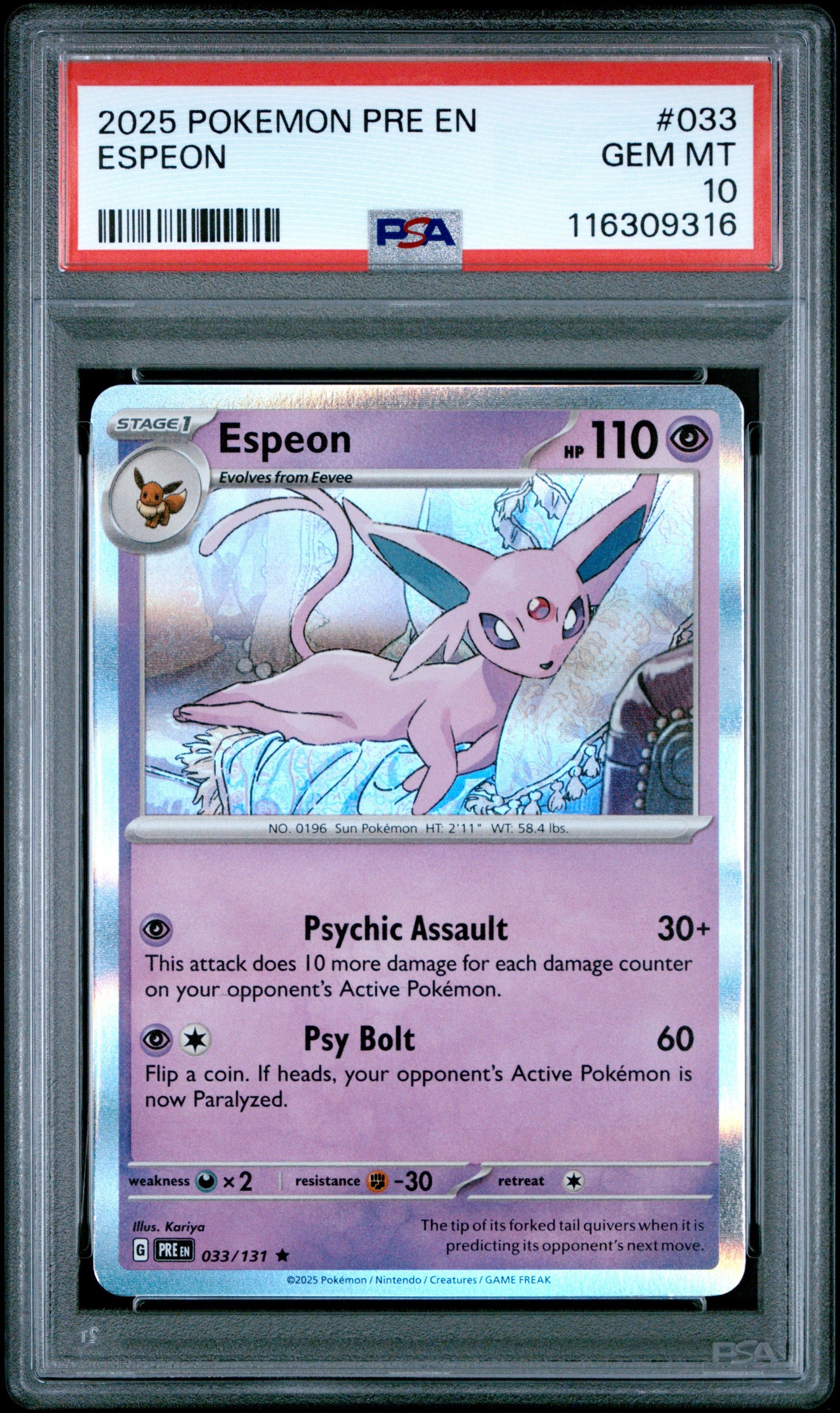 Graded 2025 PKM Espeon #033 Prismatic Evolutions Trading Card Game PSA 10 Gem Mint