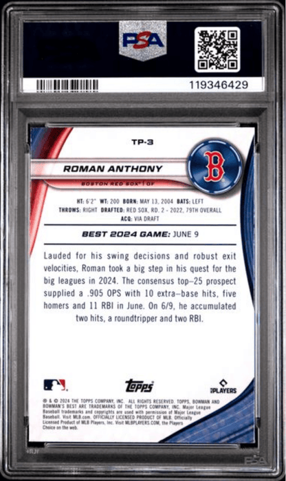 Graded 2024 Topps Bowmans Best Roman Anthony #TP3 Top Prospects Wave Rookie RC Baseball Card PSA 10 Gem Mint