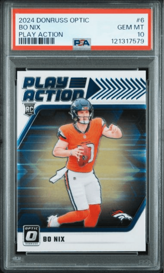 Graded 2024 Panini Donruss Optic Bo Nix #6 Play Action Rookie RC Football Card PSA 10 Gem Mint
