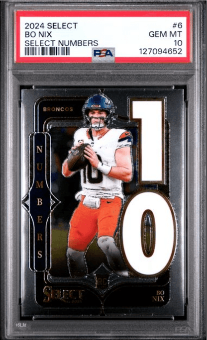 Graded 2024 Panini Select Bo Nix #6 Select Numbers Rookie RC Football Card PSA 10 Gem Mint