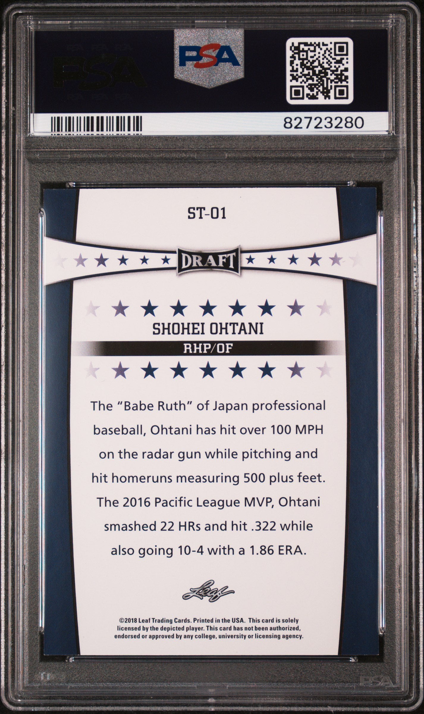Graded 2018 Leaf Draft Shohei Ohtani #ST-01 Draft Stars Rookie RC Baseball Card PSA 10 Gem Mint