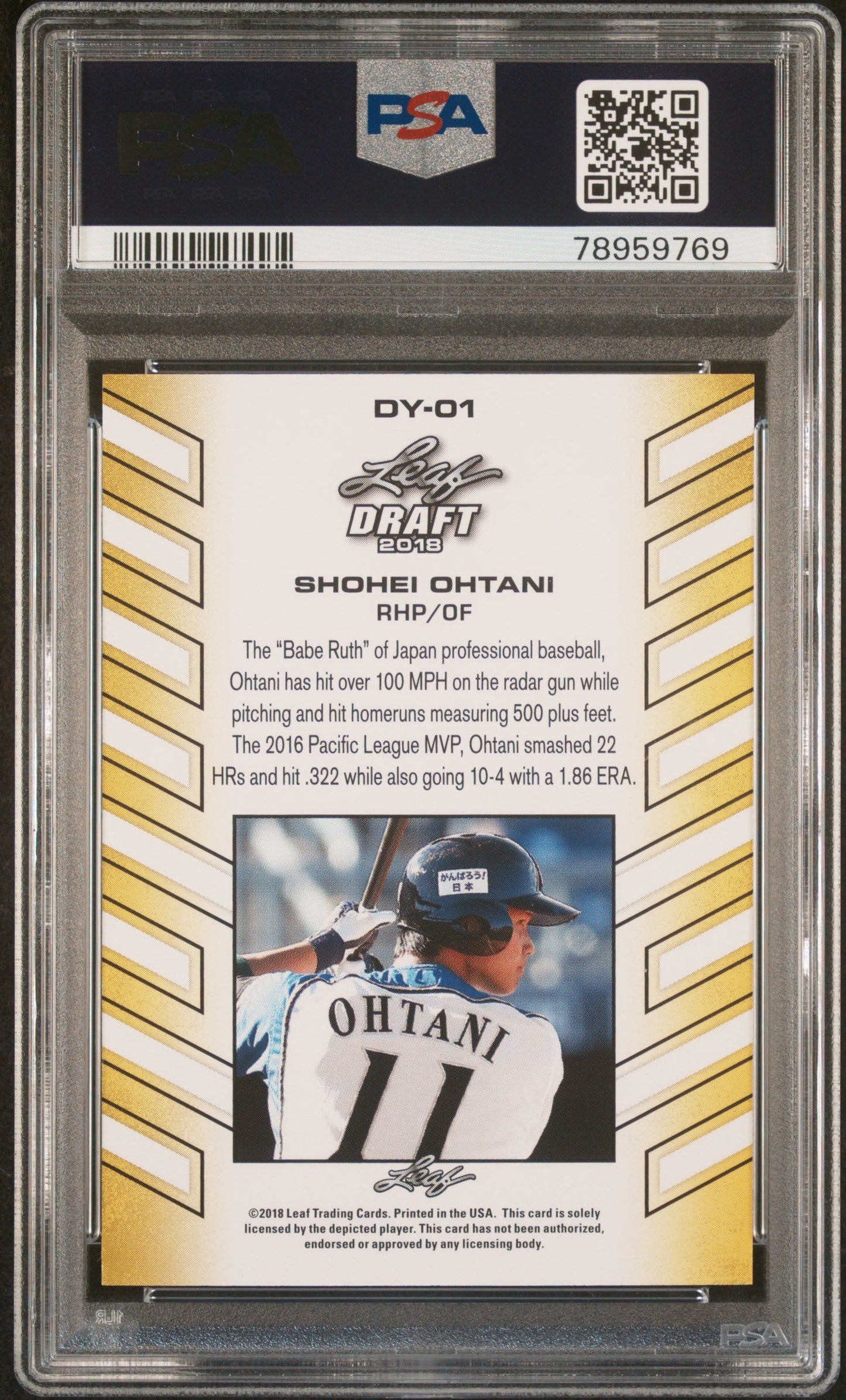 Graded 2018 Leaf Draft Year Shohei Ohtani #DY-01 Draft Stars Rookie RC Baseball Card PSA 10 Gem Mint