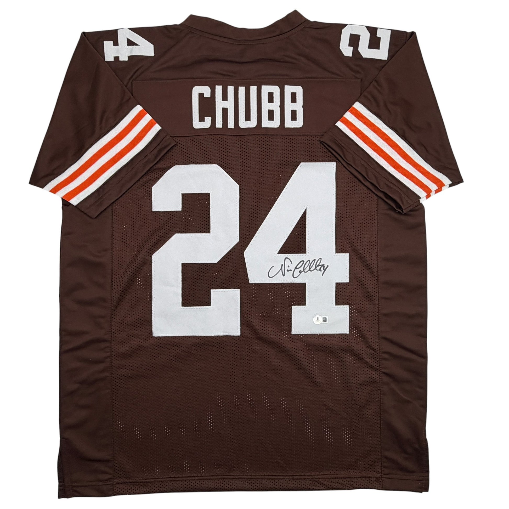 Autographed/Signed Nick Chubb Cleveland Brown Football Jersey Beckett BAS COA
