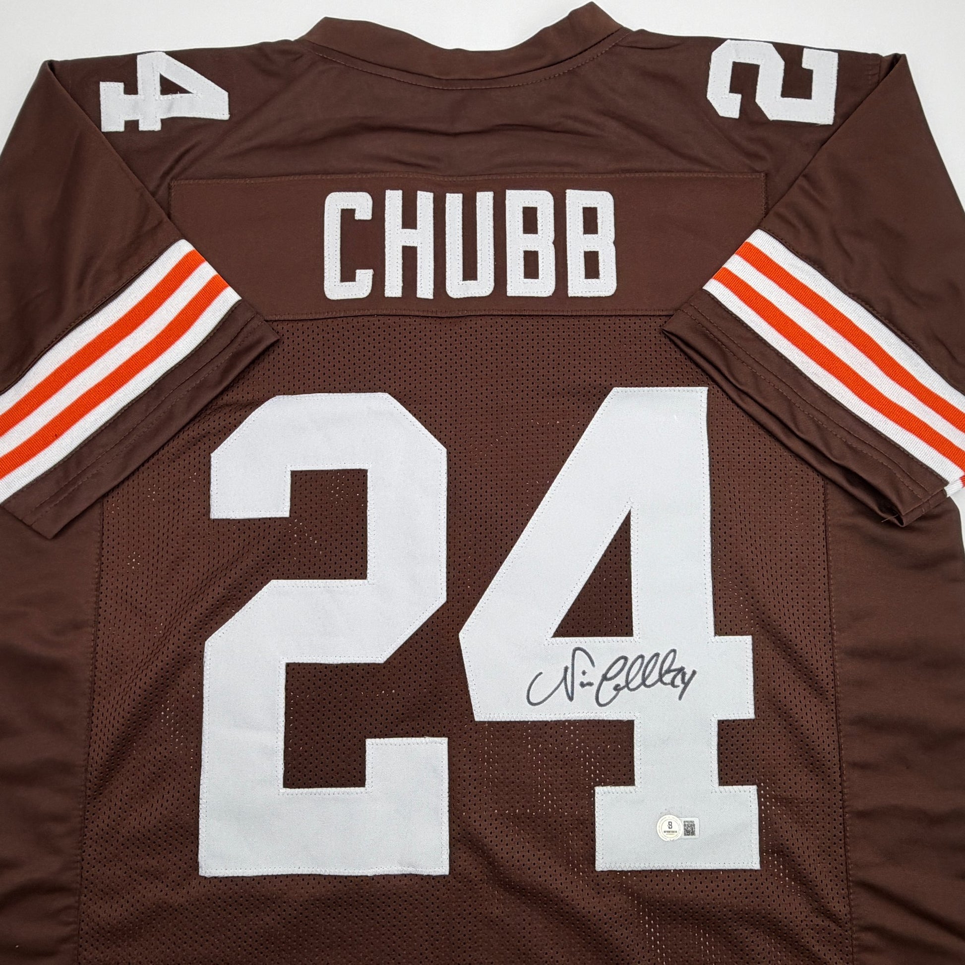 Autographed/Signed Nick Chubb Cleveland Brown Football Jersey Beckett BAS COA