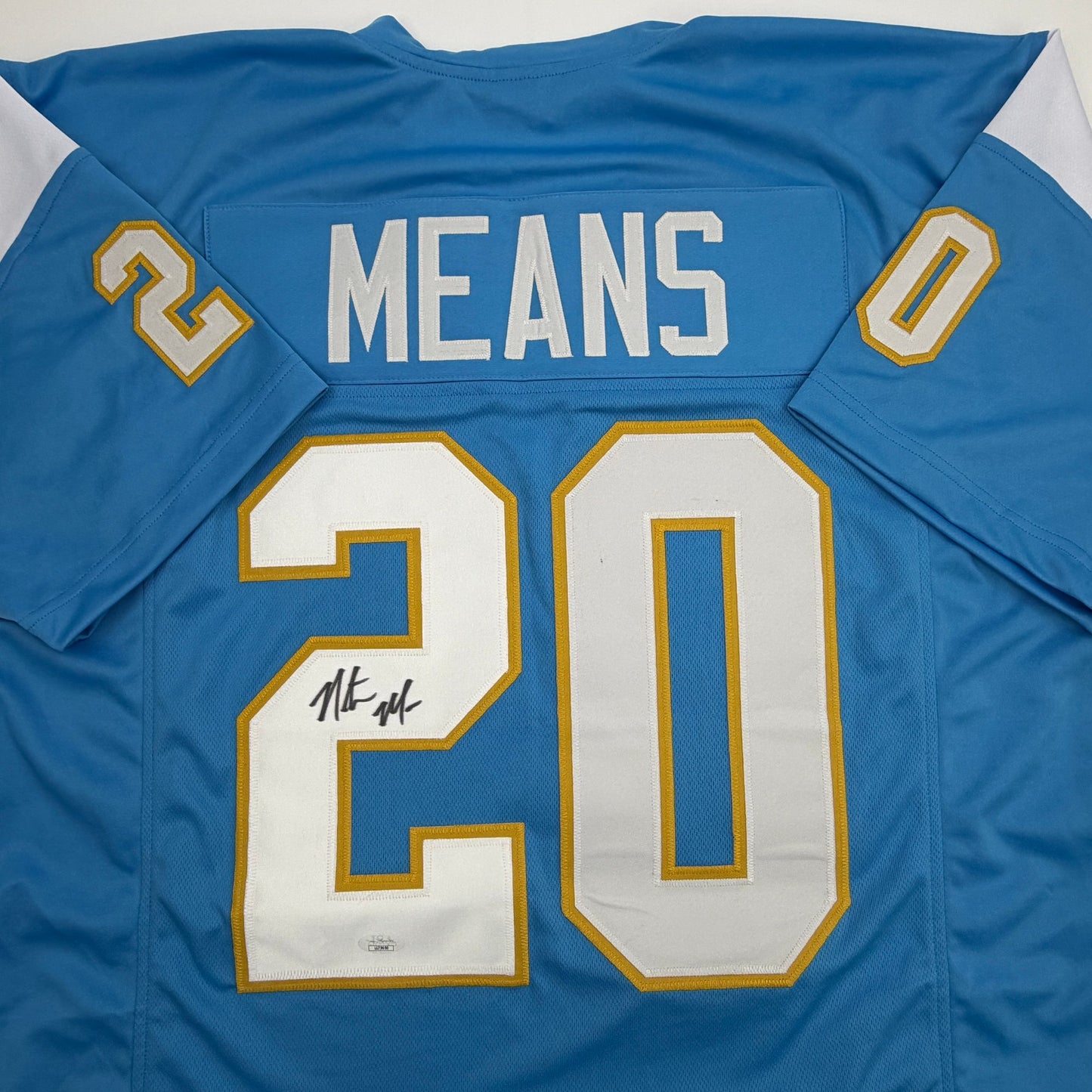 Autographed/Signed Natrone Means Los Angeles San Diego Powder Blue Football Jersey Beckett BAS COA