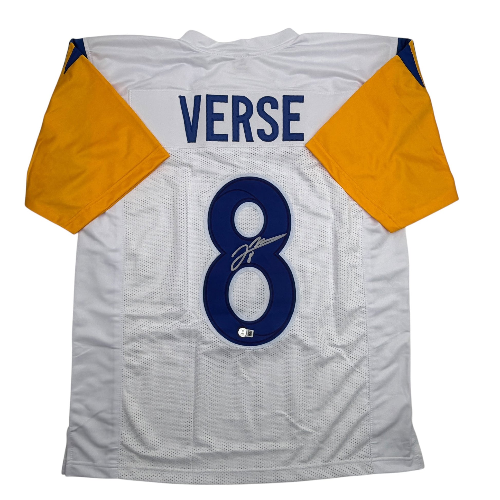Autographed/Signed Jared Verse Los Angeles LA White Football Jersey Beckett BAS COA