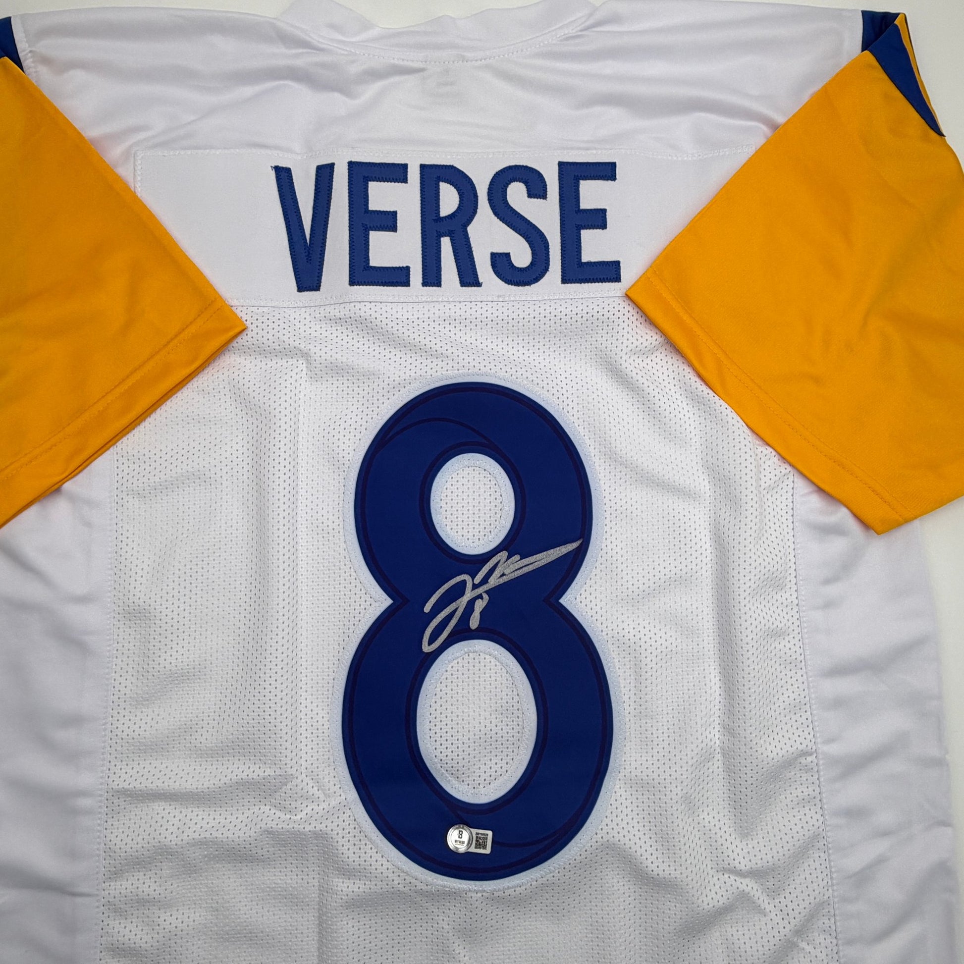 Autographed/Signed Jared Verse Los Angeles LA White Football Jersey Beckett BAS COA
