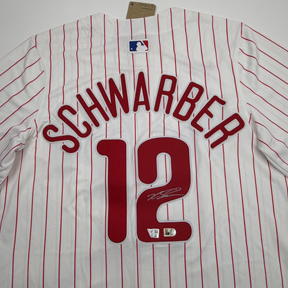 Autographed/Signed Kyle Schwarber Philadelphia Phillies Pinstripe Authentic Baseball Jersey Fanatics & MLB COA