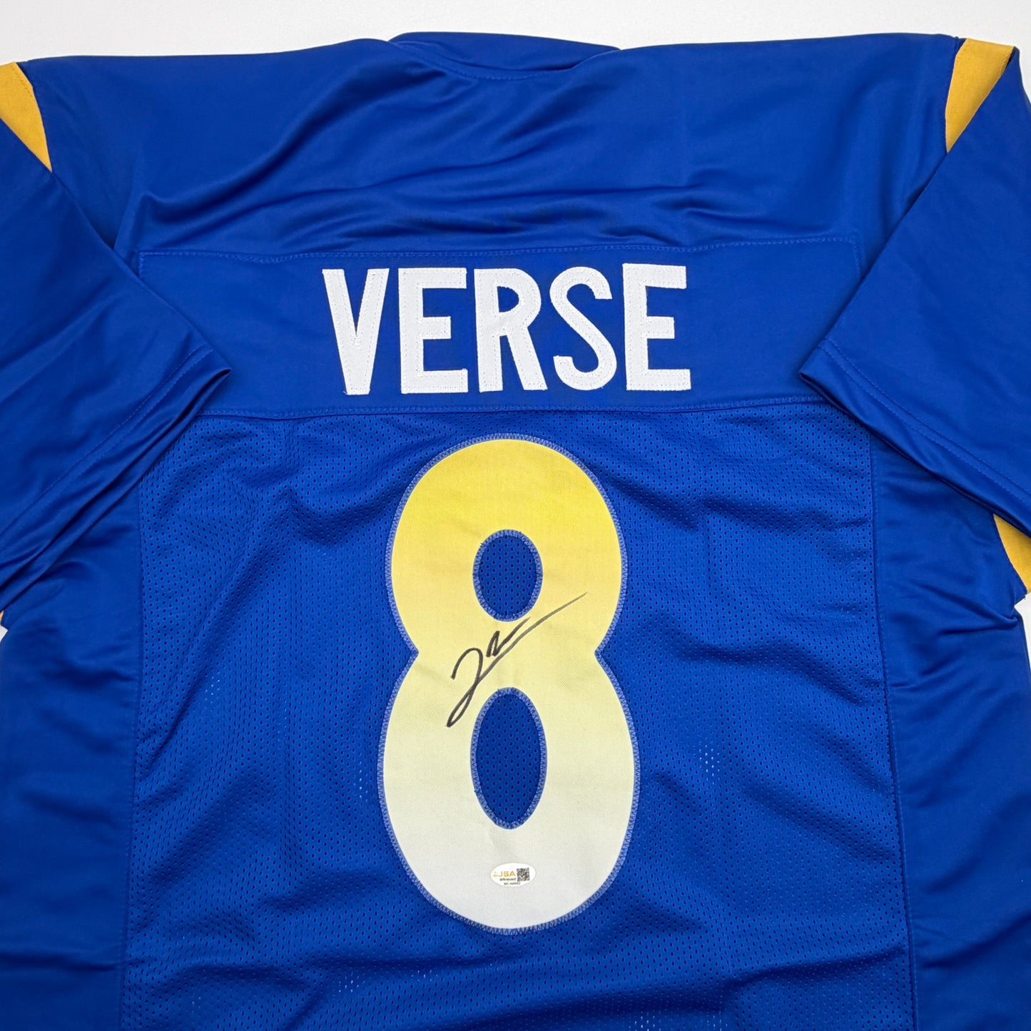 Autographed/Signed Jared Verse Los Angeles LA Blue Football Jersey Beckett BAS COA