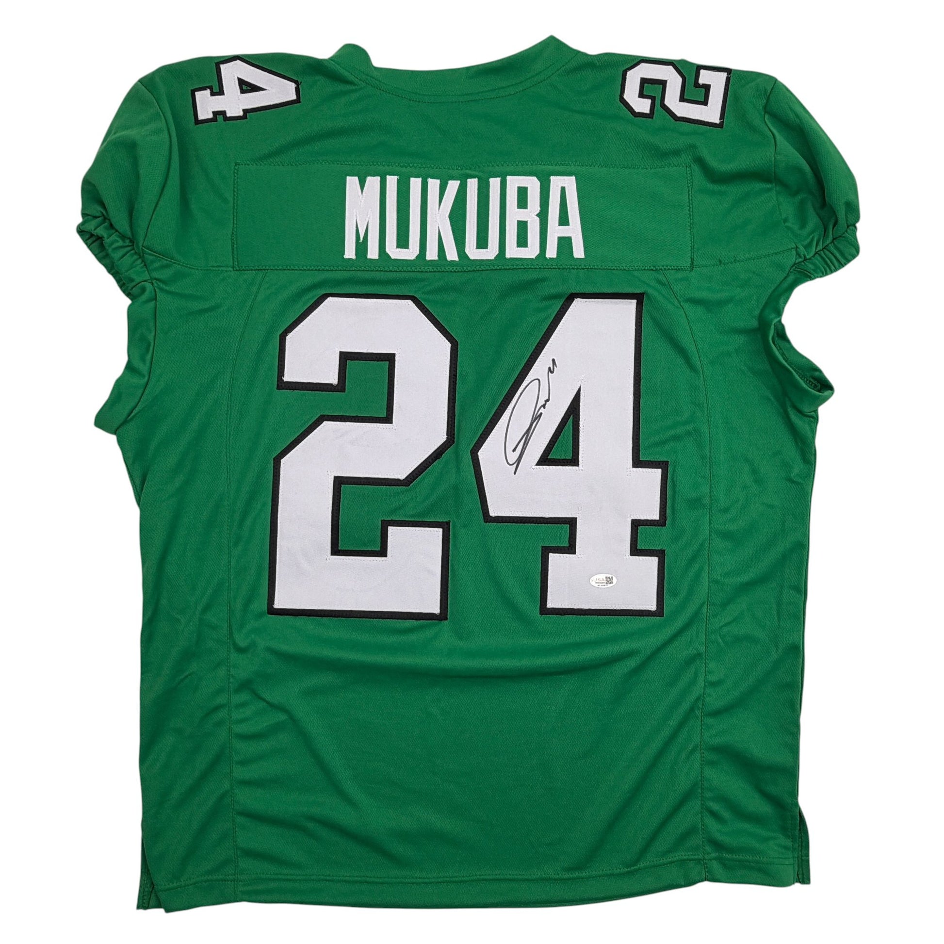 Autographed/Signed Andrew Mukuba Philadelphia Kelly Green Pro Cut Football Jersey JSA COA