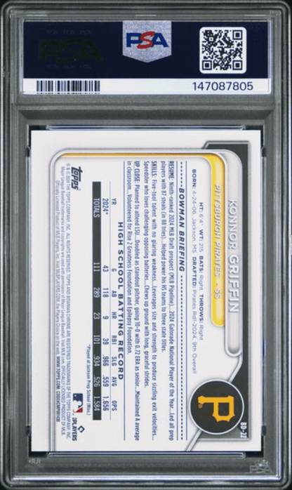 Graded 2024 Topps Bowman Draft Konnor Griffin #BD22 Rookie RC Baseball Card PSA 9 Mint