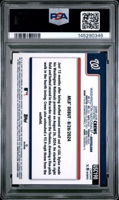 Graded 2025 Topps Chrome Update Dylan Crews #190 Green Wave /99 Rookie RC Baseball Card PSA 10 Gem Mint