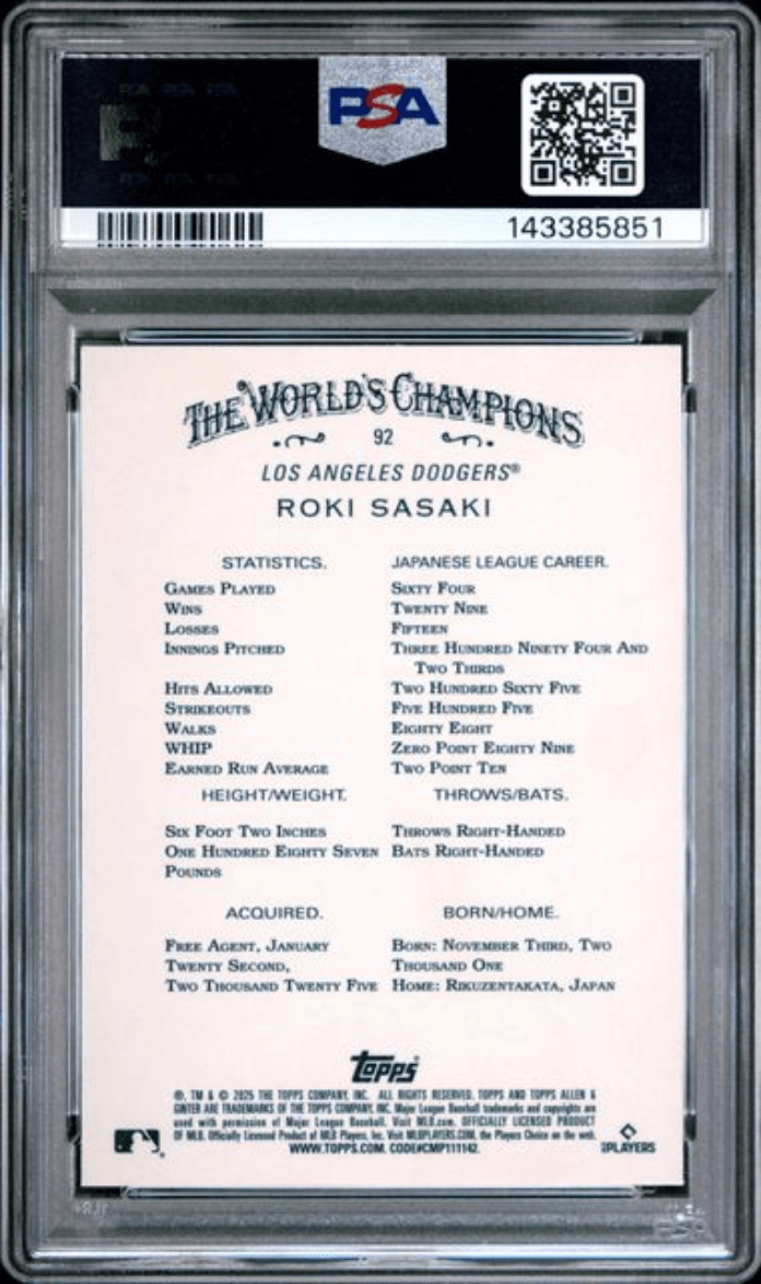 Graded 2025 Topps Allen & Ginter Roki Sasaki #92 Chrome Rookie RC Baseball Card PSA 10 Gem Mint
