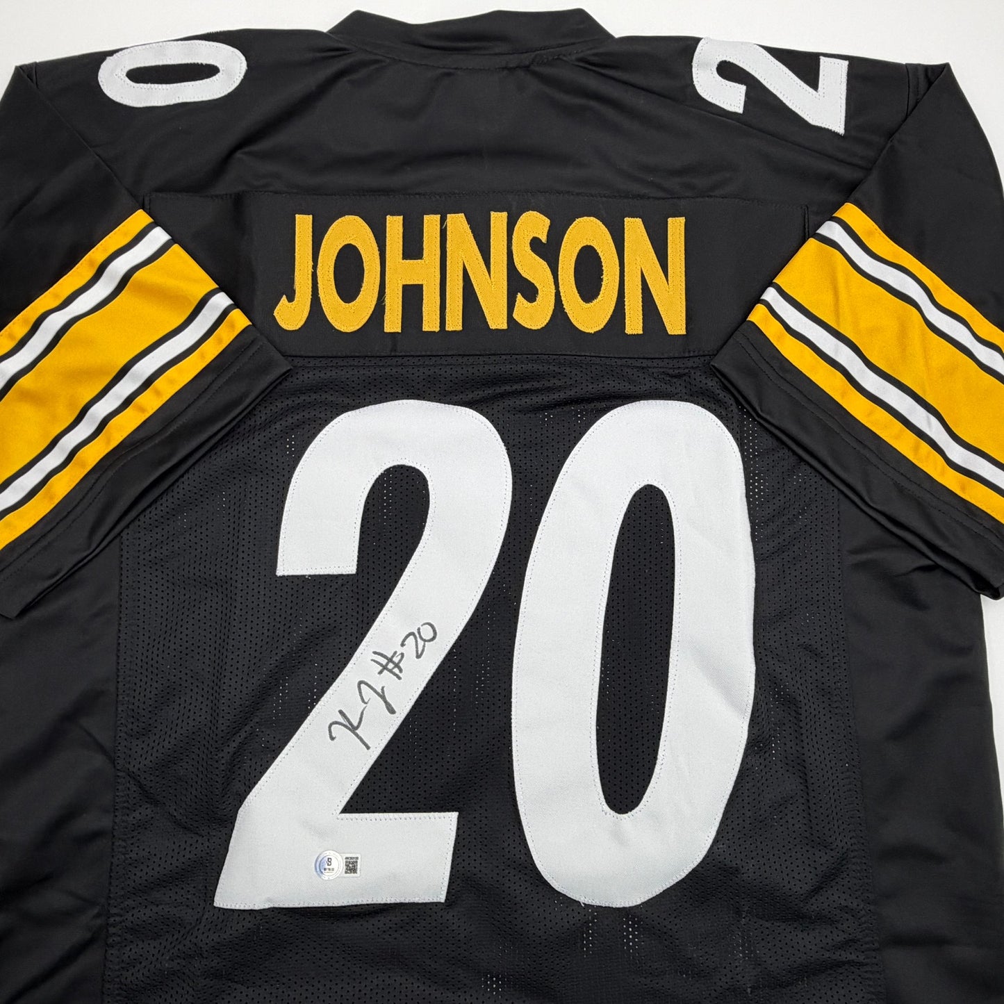 Autographed/Signed Kaleb Johnson Pittsburgh Black Football Jersey Beckett BAS COA