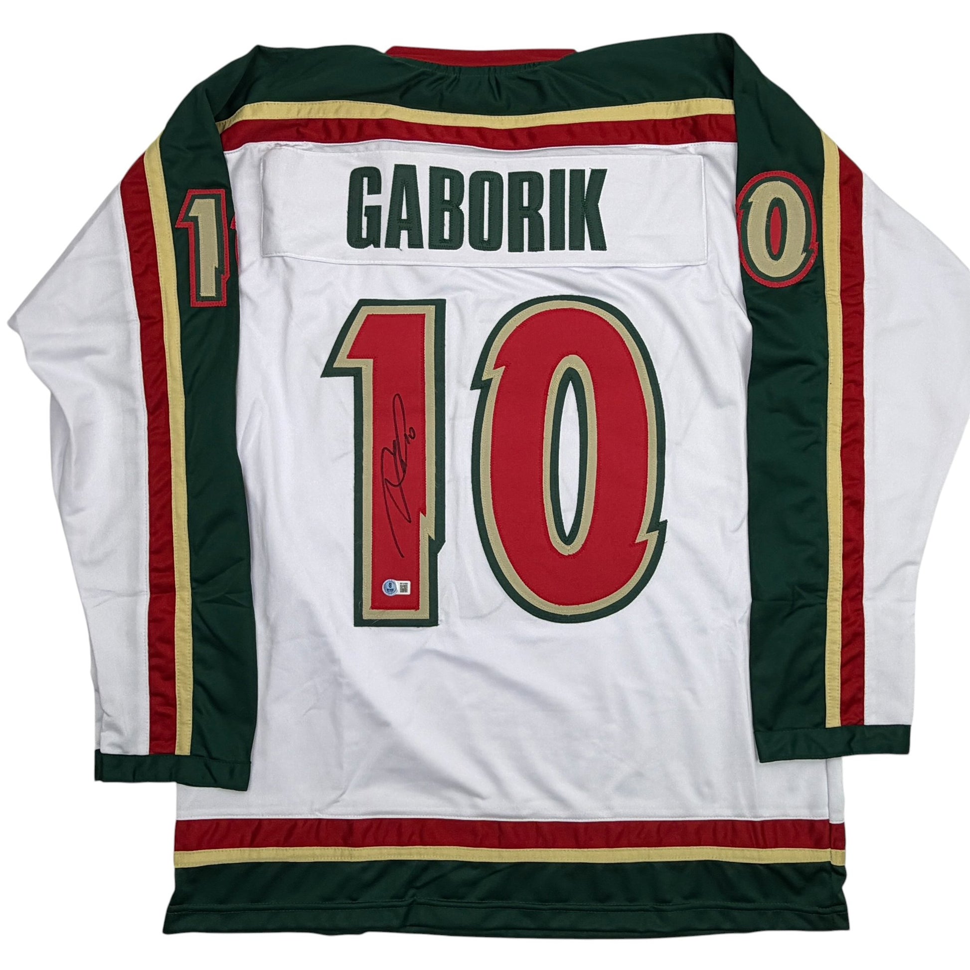 Autographed/Signed Marian Gaborik Minnesota White 25th Anniversary Hockey Jersey Beckett BAS COA