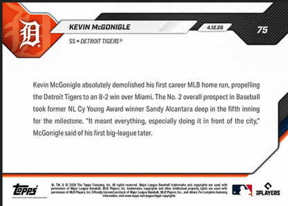 2026 Topps Now Kevin McGonigle #75 Blasts 1st Career MLB HR in Series Sweep Detriot Tigers Rookie RC Baseball Card
